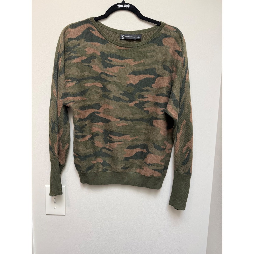 New York & Company Camo Sweater Womens Medium Green Brown Gold Button Cuff Knit
